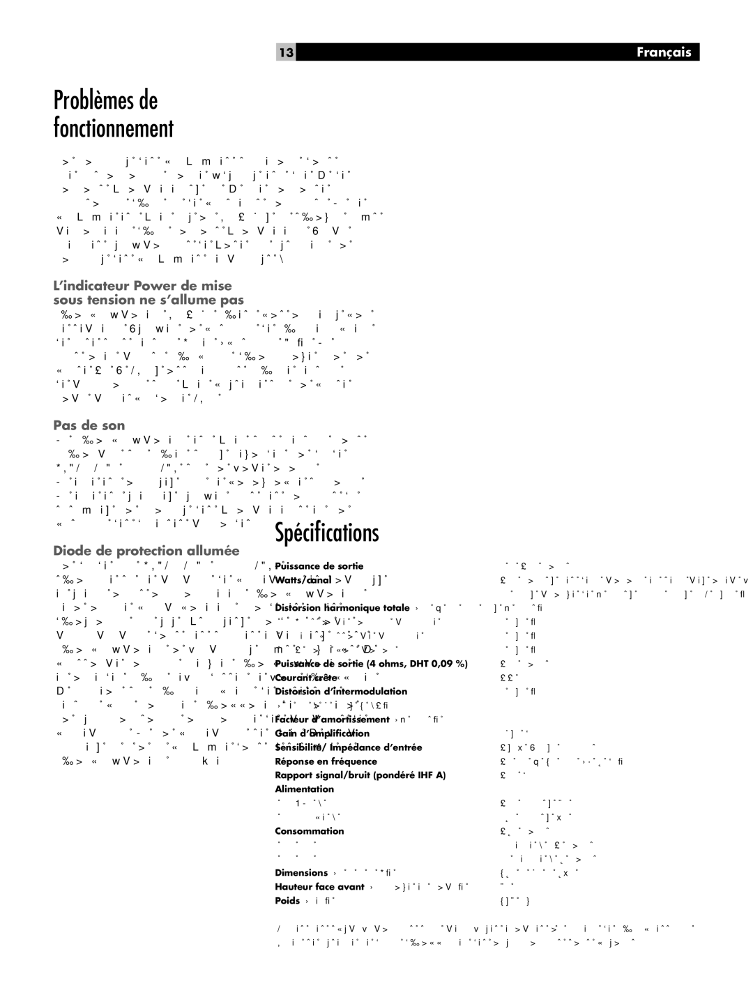 Rotel RB-1072 owner manual Spéciﬁcations, Problèmes de fonctionnement, 13Français, Pas de son, Diode de protection allumée 