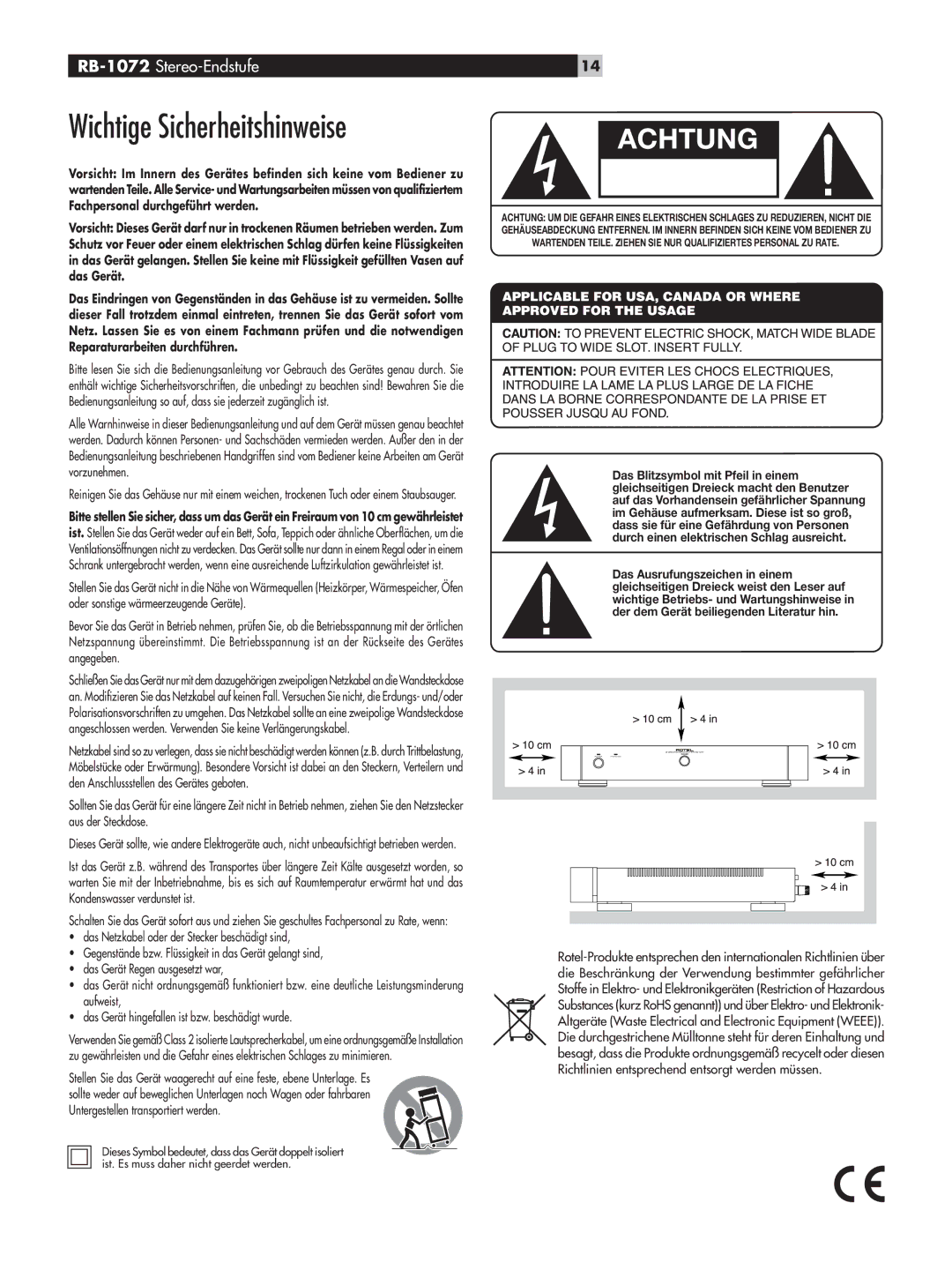 Rotel RB-1072 owner manual Wichtige Sicherheitshinweise, Gefahr Eines Elektrischen SCHLAGES. Nicht Öffnen 