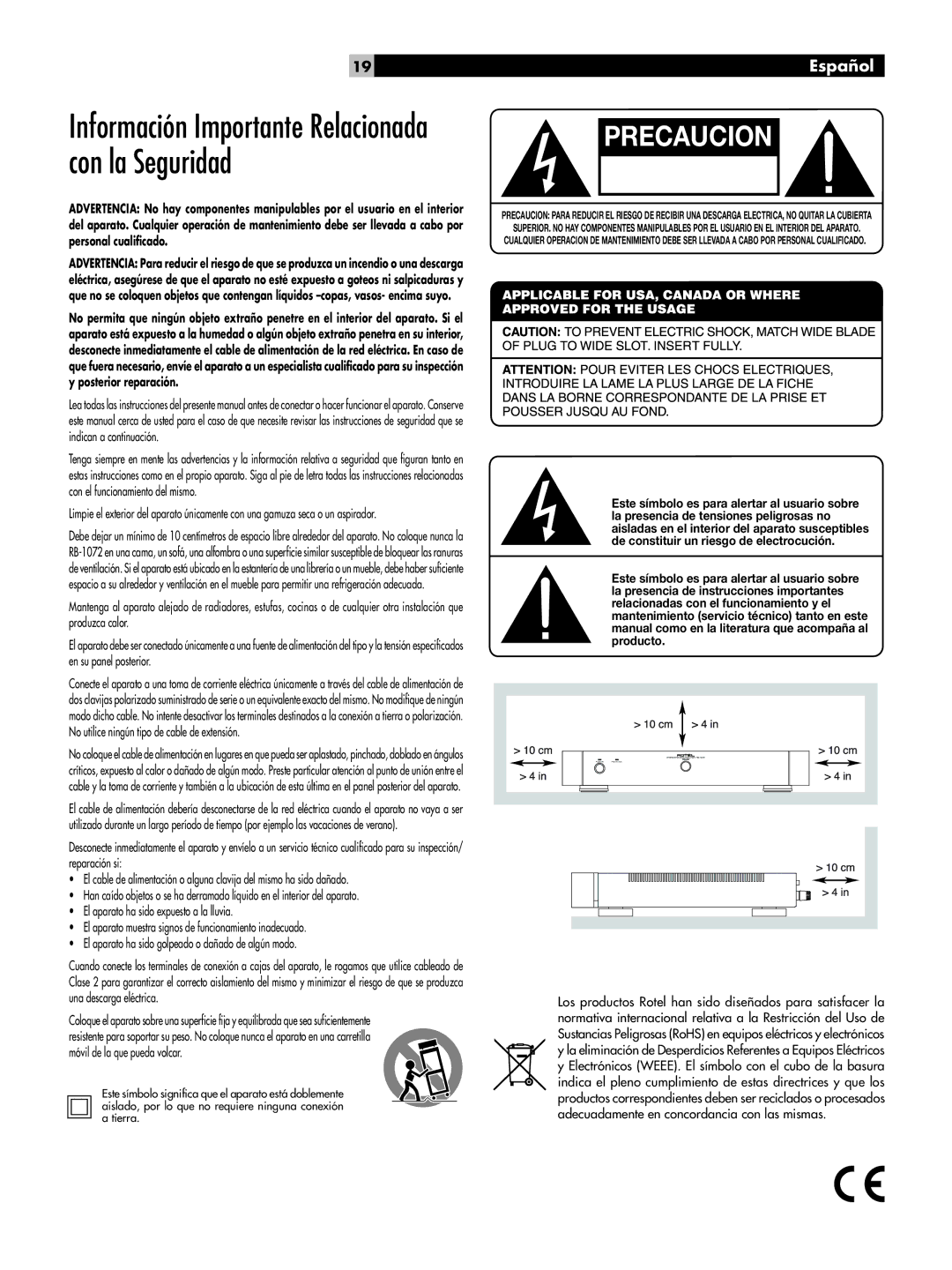 Rotel RB-1072 owner manual Información Importante Relacionada con la Seguridad, Riesgo DE Electrocucion No Abrir, Español 