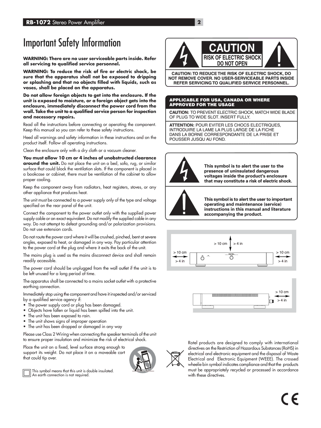 Rotel RB-1072 owner manual Important Safety Information 