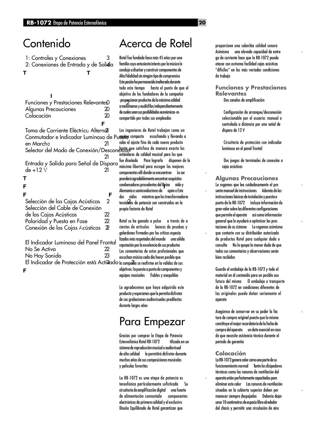 Rotel owner manual Contenido Acerca de Rotel, Para Empezar, RB-1072 Etapa de Potencia Estereofónica 