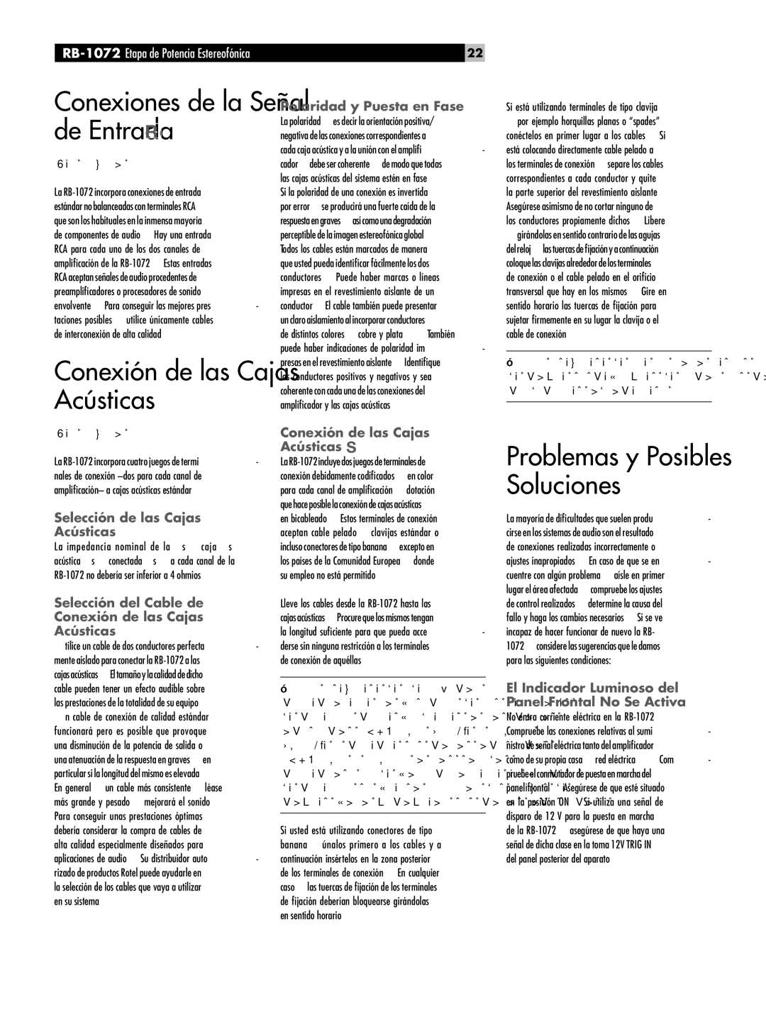 Rotel Conexiones de la Señal de Entrada, Problemas y Posibles Soluciones, RB-1072Etapa de Potencia Estereofónica 