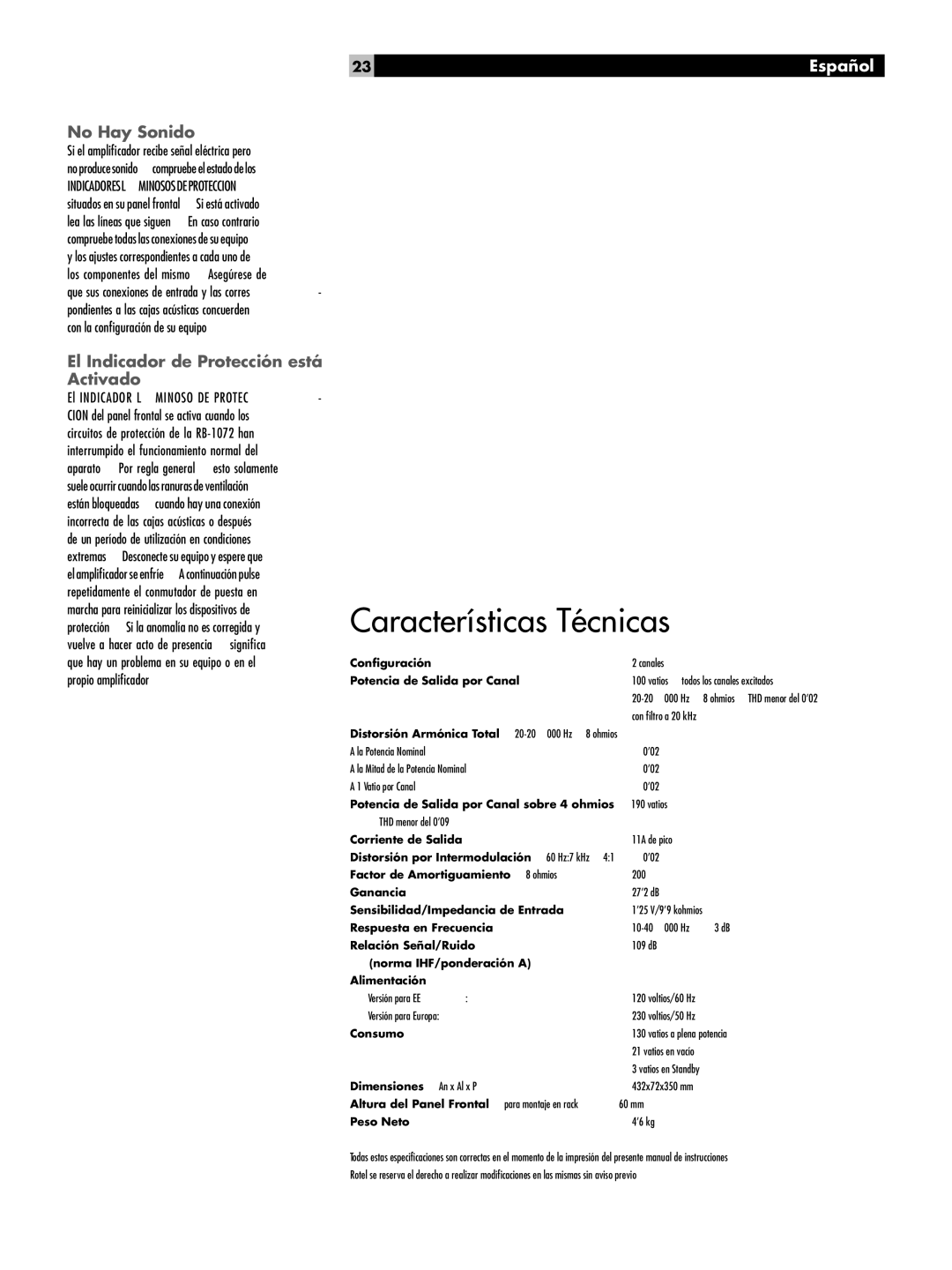 Rotel RB-1072 owner manual Características Técnicas, No Hay Sonido, El Indicador de Protección está Activado 