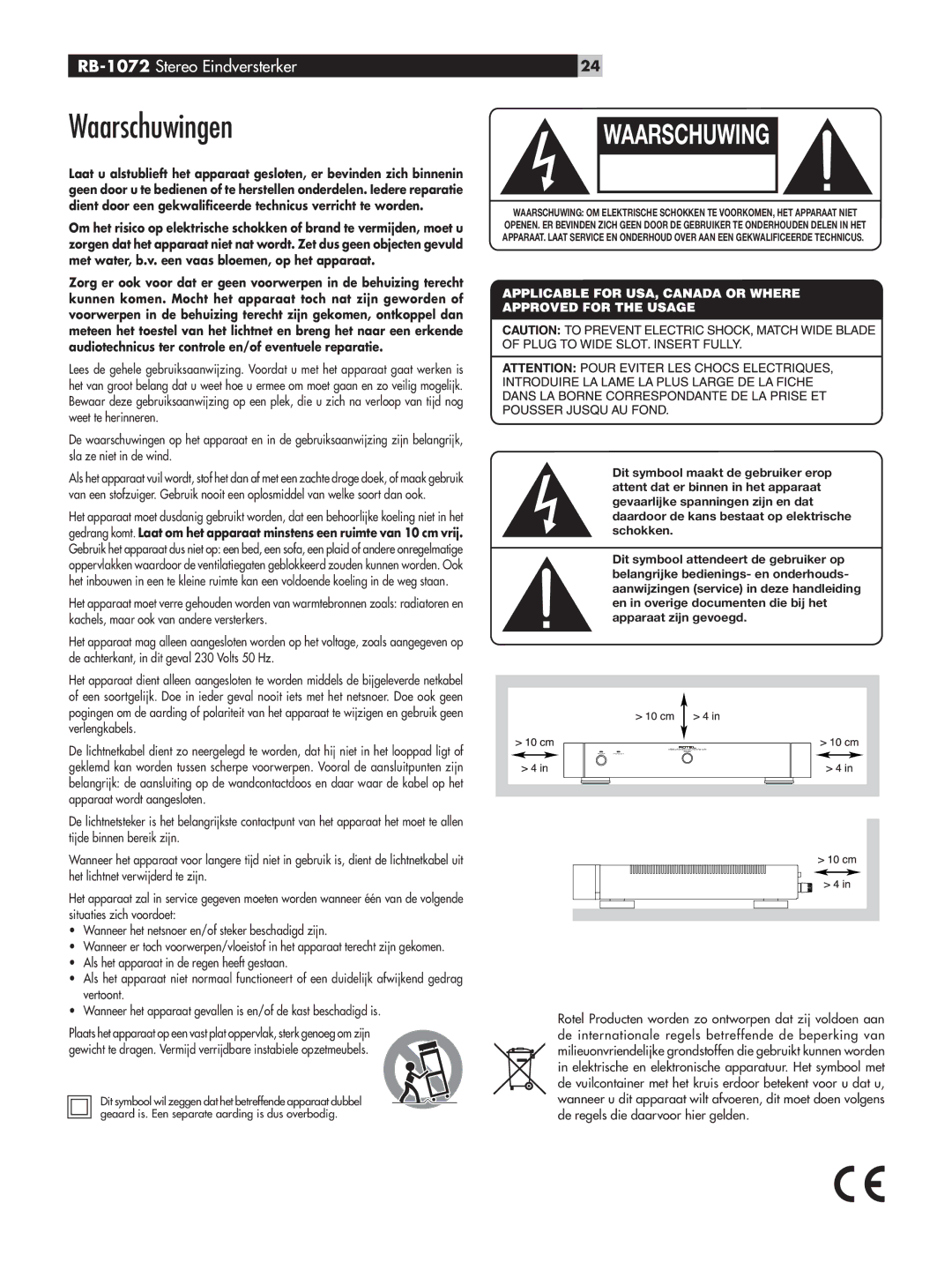 Rotel RB-1072 owner manual Waarschuwingen, Kans OP Elektrische Schokken Niet Openen 