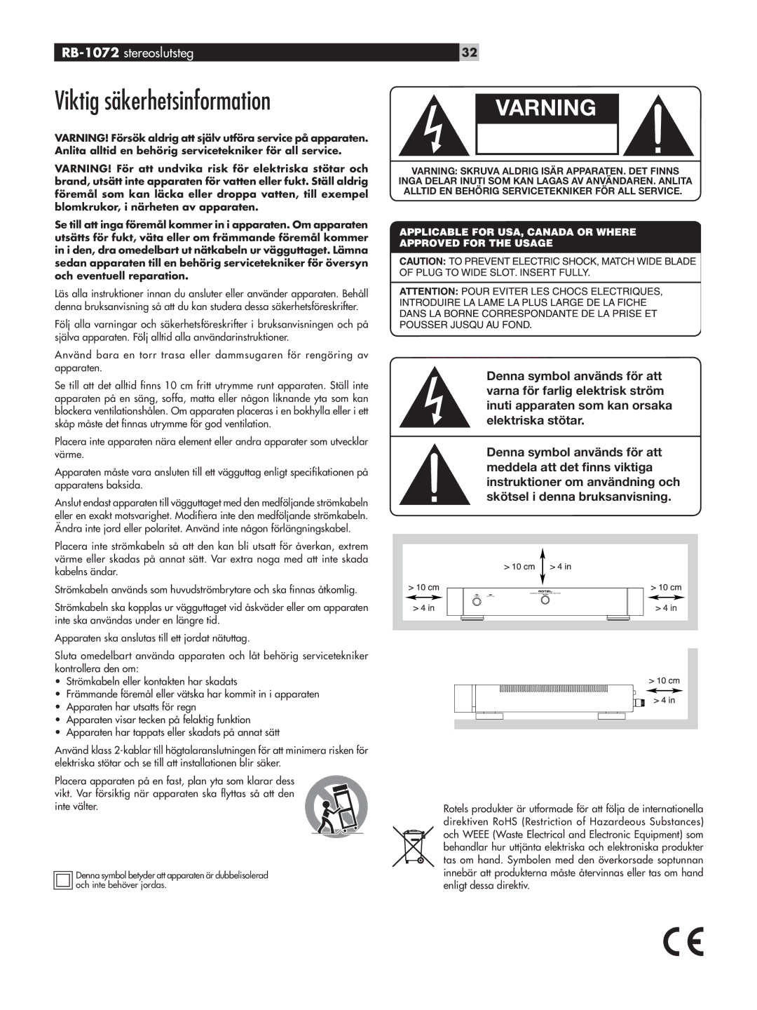 Rotel RB-1072 owner manual Viktig säkerhetsinformation, Risk FÖR Elektriska Stötar Öppna EJ 