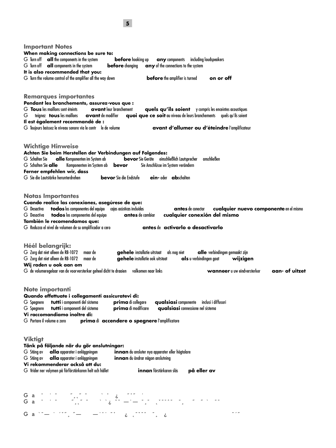 Rotel RB-1072 Important Notes, Remarques importantes, Wichtige Hinweise, Notas Importantes, Héél belangrijk, Viktigt 