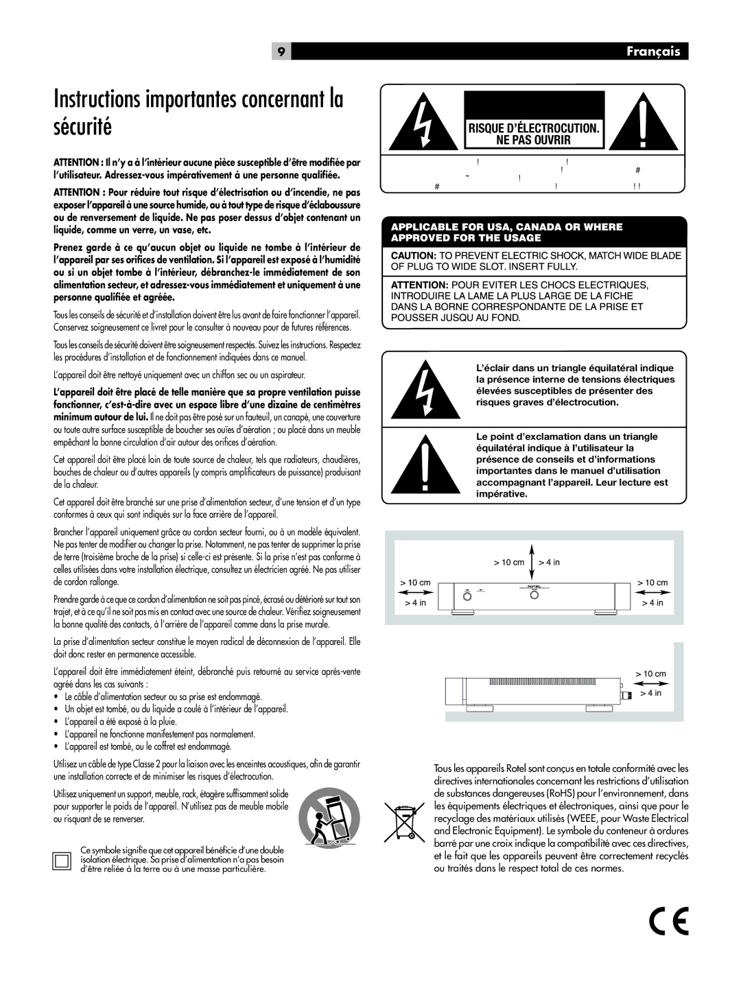 Rotel RB-1072 owner manual Instructions importantes concernant la sécurité, Risque D’ÉLECTROCUTION NE PAS Ouvrir, Français 