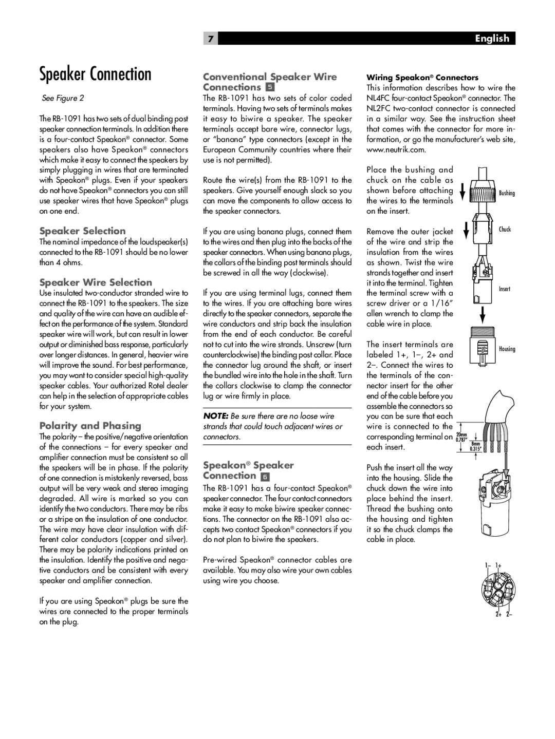 Rotel RB-1091 Speaker Selection, Speaker Wire Selection, Polarity and Phasing, Conventional Speaker Wire Connections 