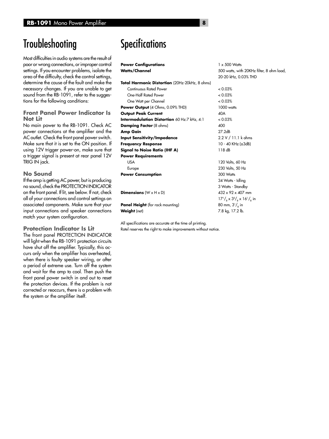 Rotel RB-1091 owner manual Troubleshooting Speciﬁcations, Front Panel Power Indicator Is, Not Lit, No Sound 