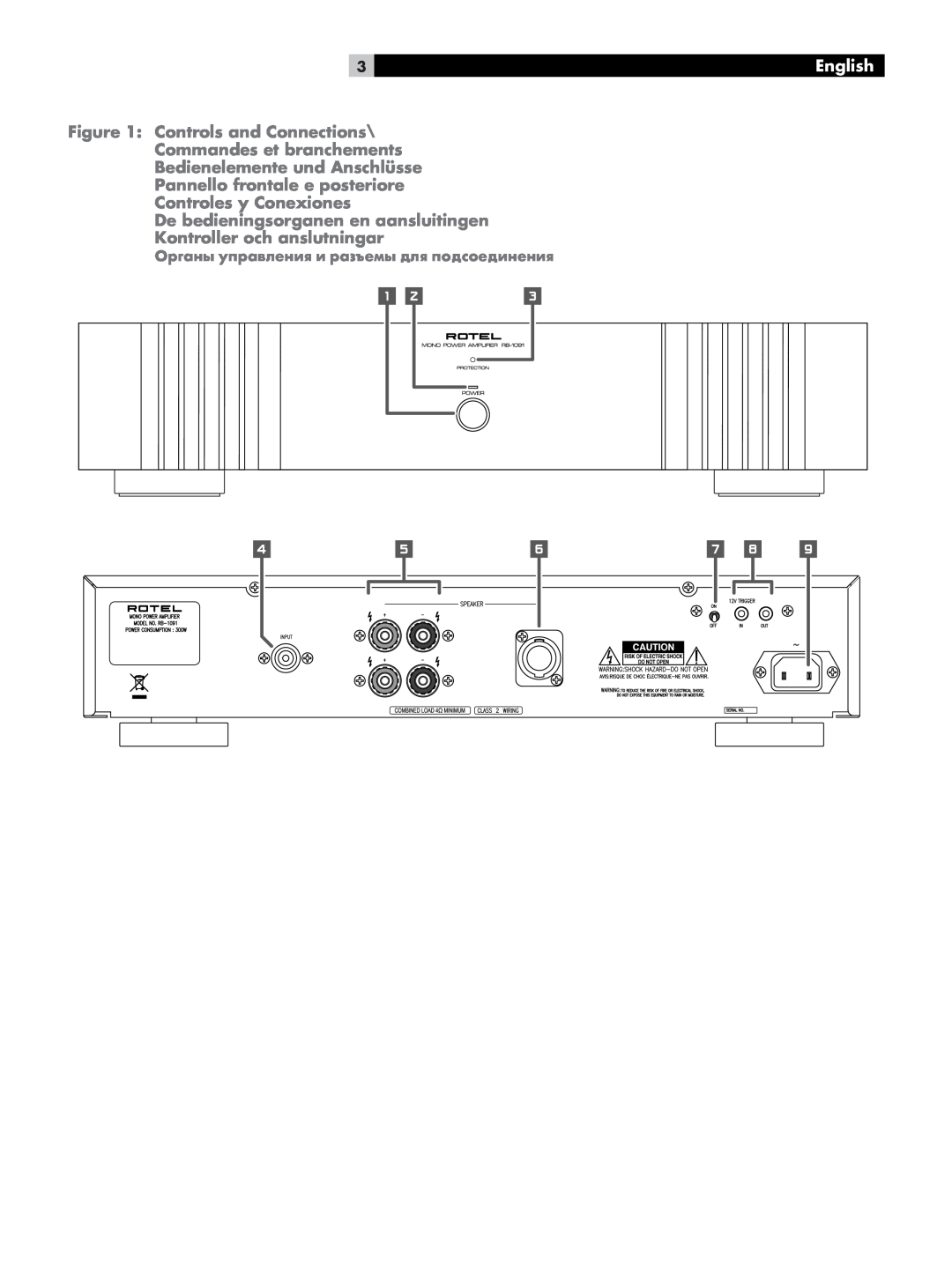 Rotel RB-1091 owner manual English, Controls and Connections, Commandes et branchements, Bedienelemente und Anschlüsse 