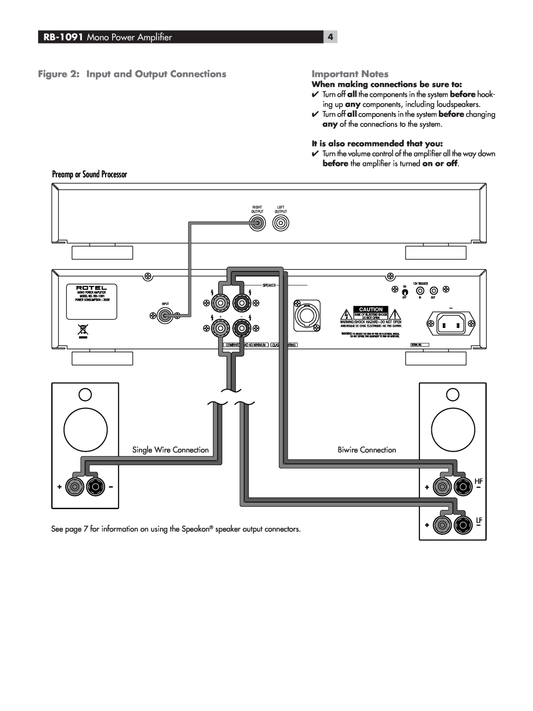 Rotel RB-1091 Mono Power Ampliﬁer, Input and Output Connections, Important Notes, Anschlussdiagramm, In- och utgångar 
