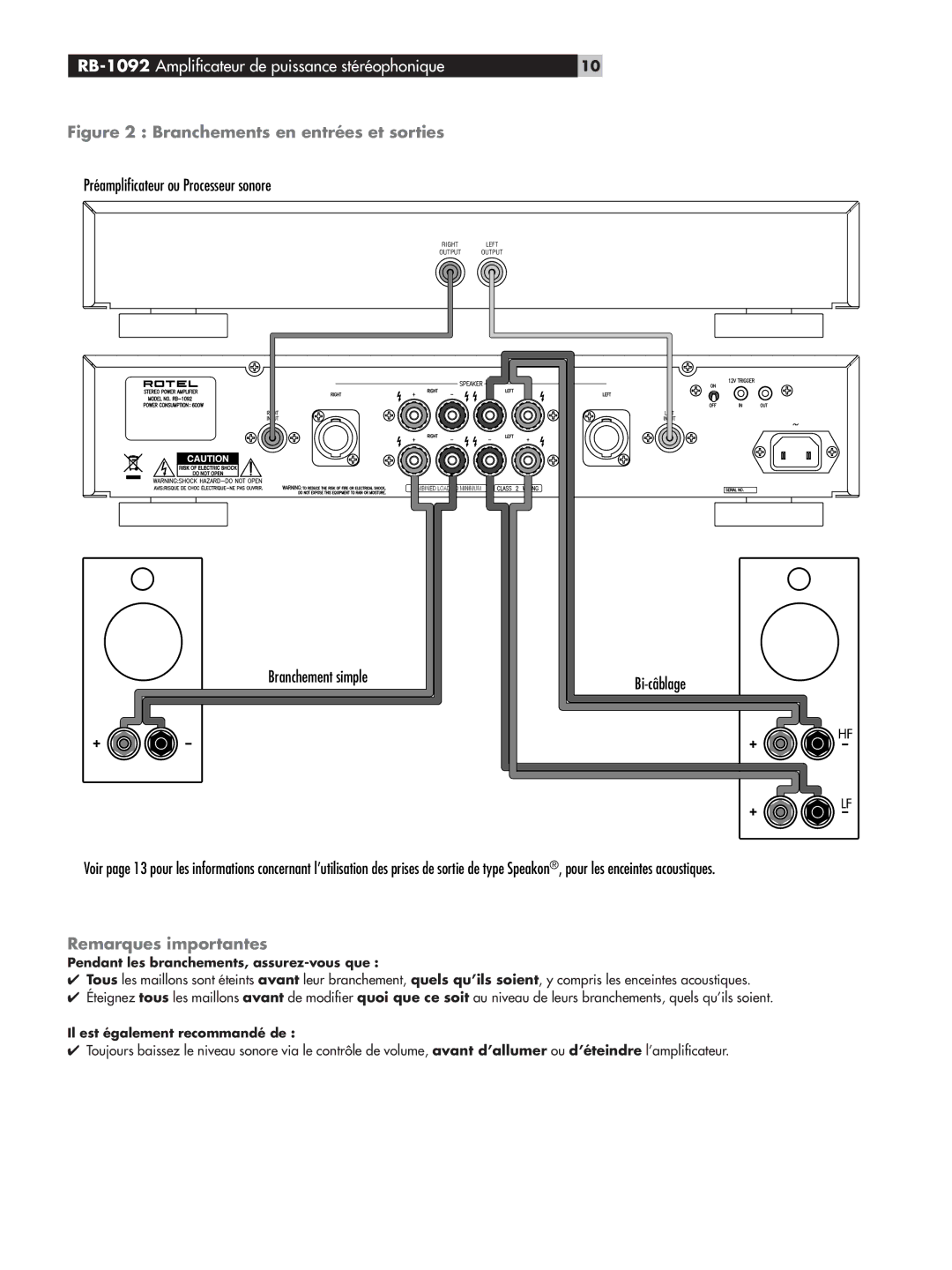 Rotel owner manual RB-1092 Ampliﬁcateur de puissance stéréophonique, Pendant les branchements, assurez-vous que 