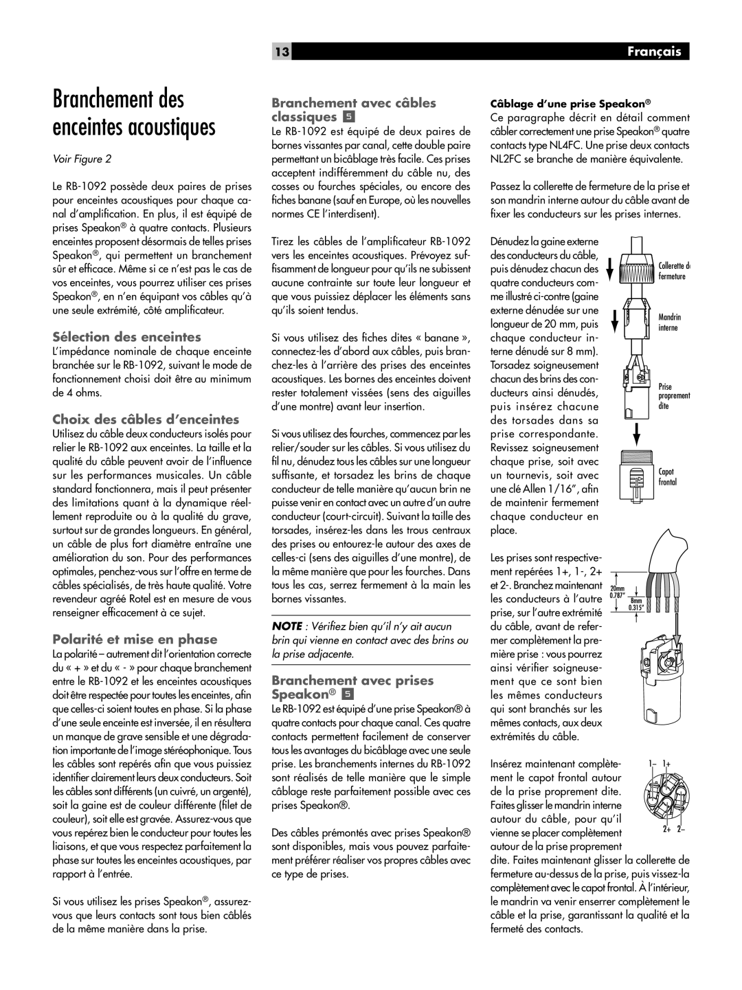 Rotel RB-1092 owner manual Sélection des enceintes, Choix des câbles d’enceintes, Polarité et mise en phase 