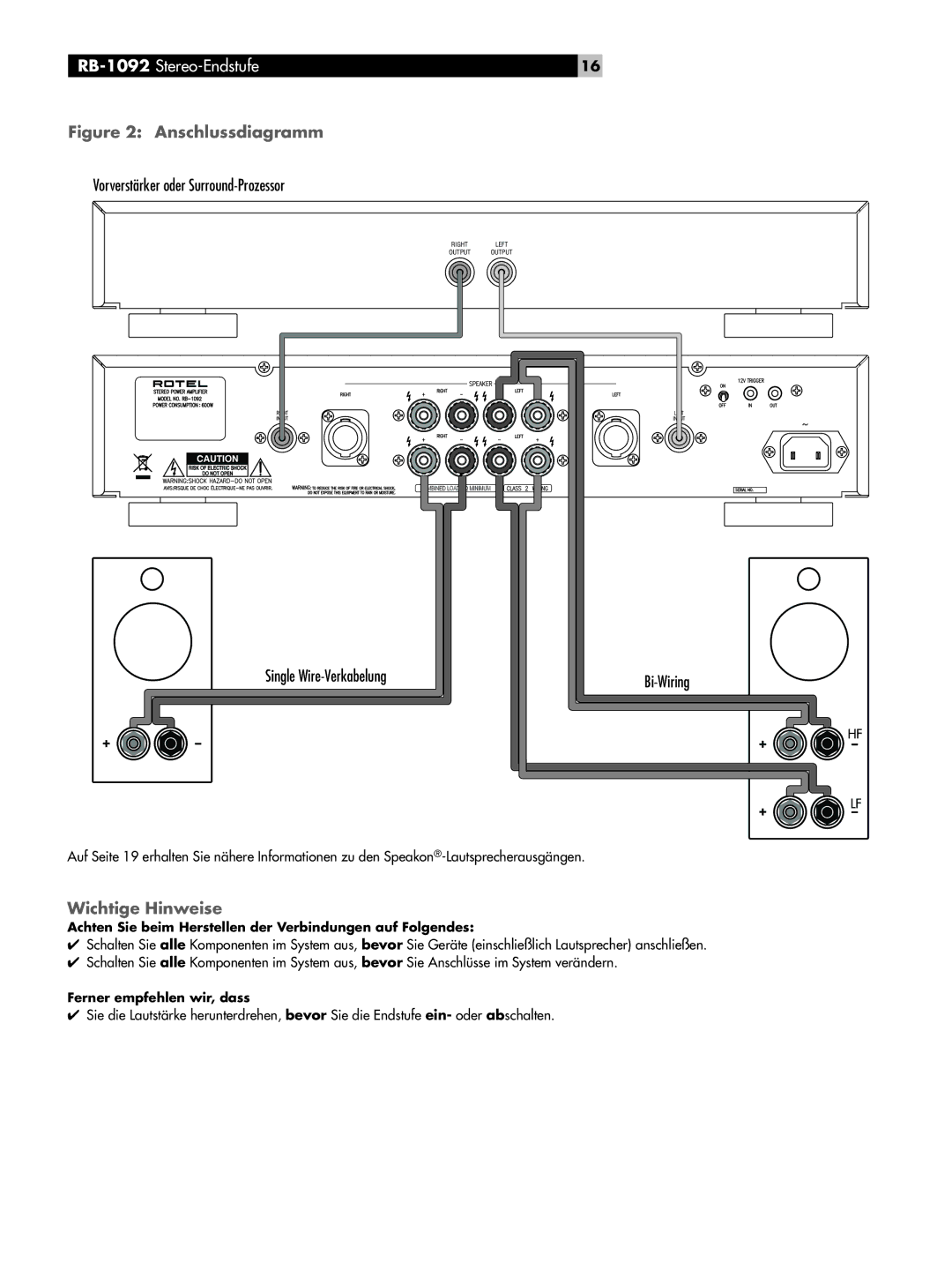 Rotel owner manual RB-1092 Stereo-Endstufe, Wichtige Hinweise, Achten Sie beim Herstellen der Verbindungen auf Folgendes 