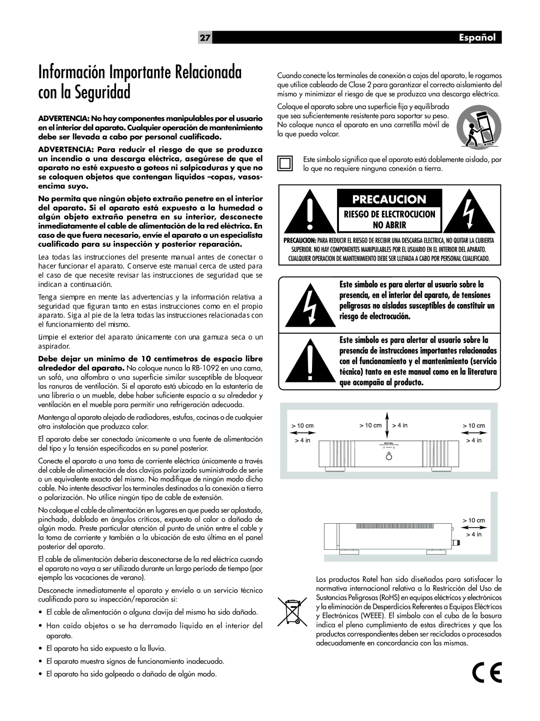 Rotel RB-1092 owner manual Información Importante Relacionada con la Seguridad, Español 