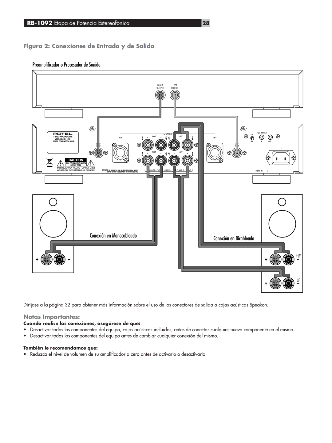 Rotel RB-1092 Etapa de Potencia Estereofónica, Notas Importantes, Cuando realice las conexiones, asegúrese de que 