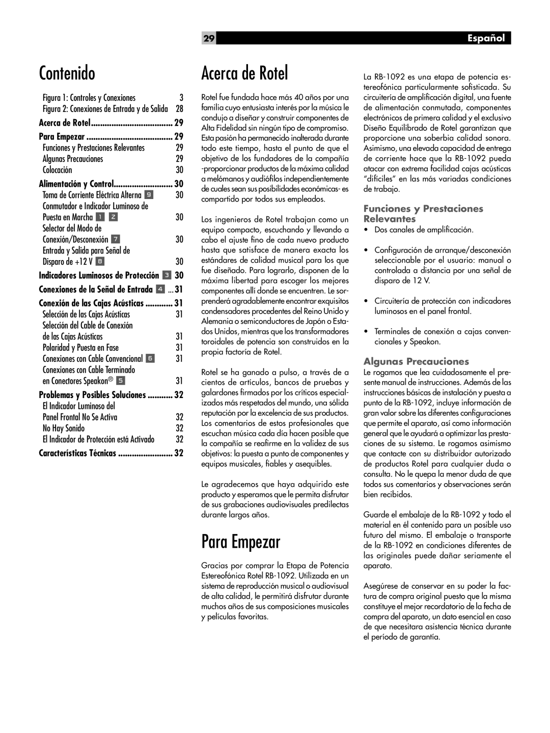 Rotel RB-1092 Contenido Acerca de Rotel, Para Empezar, Funciones y Prestaciones Relevantes, Algunas Precauciones 