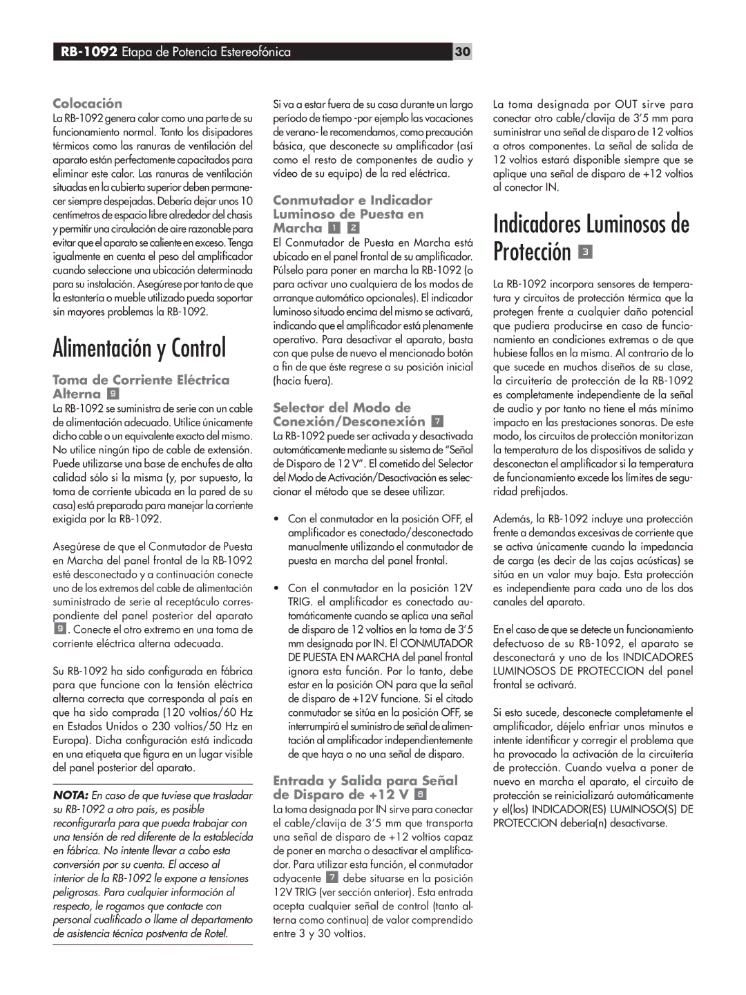 Rotel owner manual Alimentación y Control, RB-1092Etapa de Potencia Estereofónica 