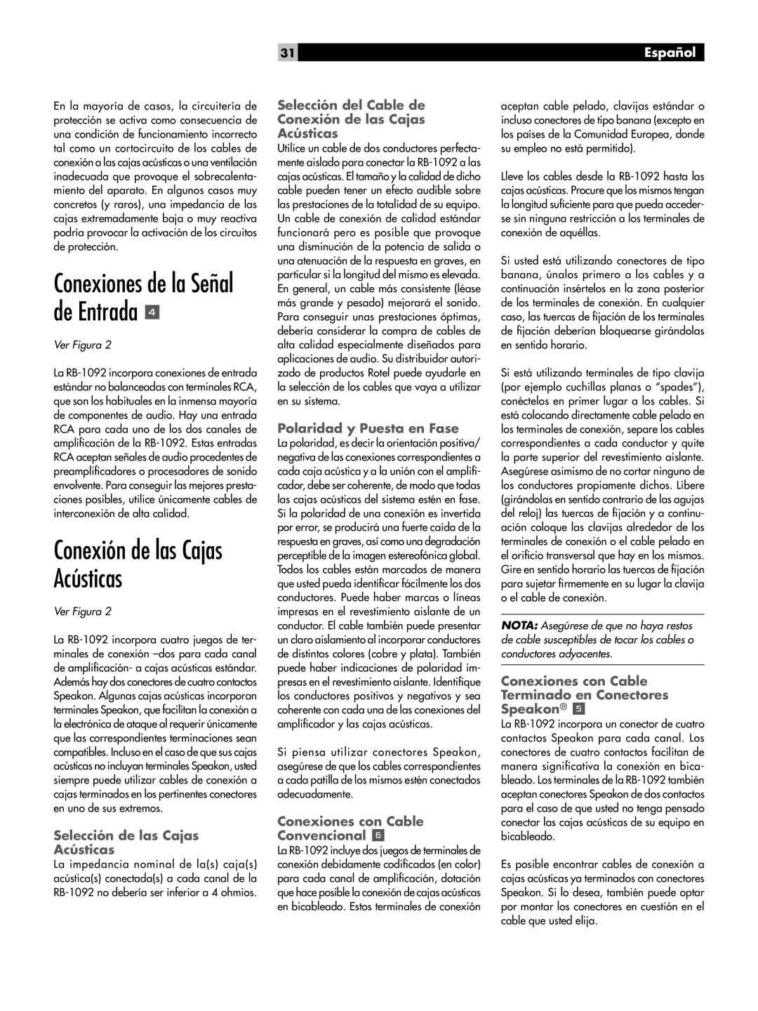 Rotel RB-1092 owner manual Conexiones de la Señal de Entrada 