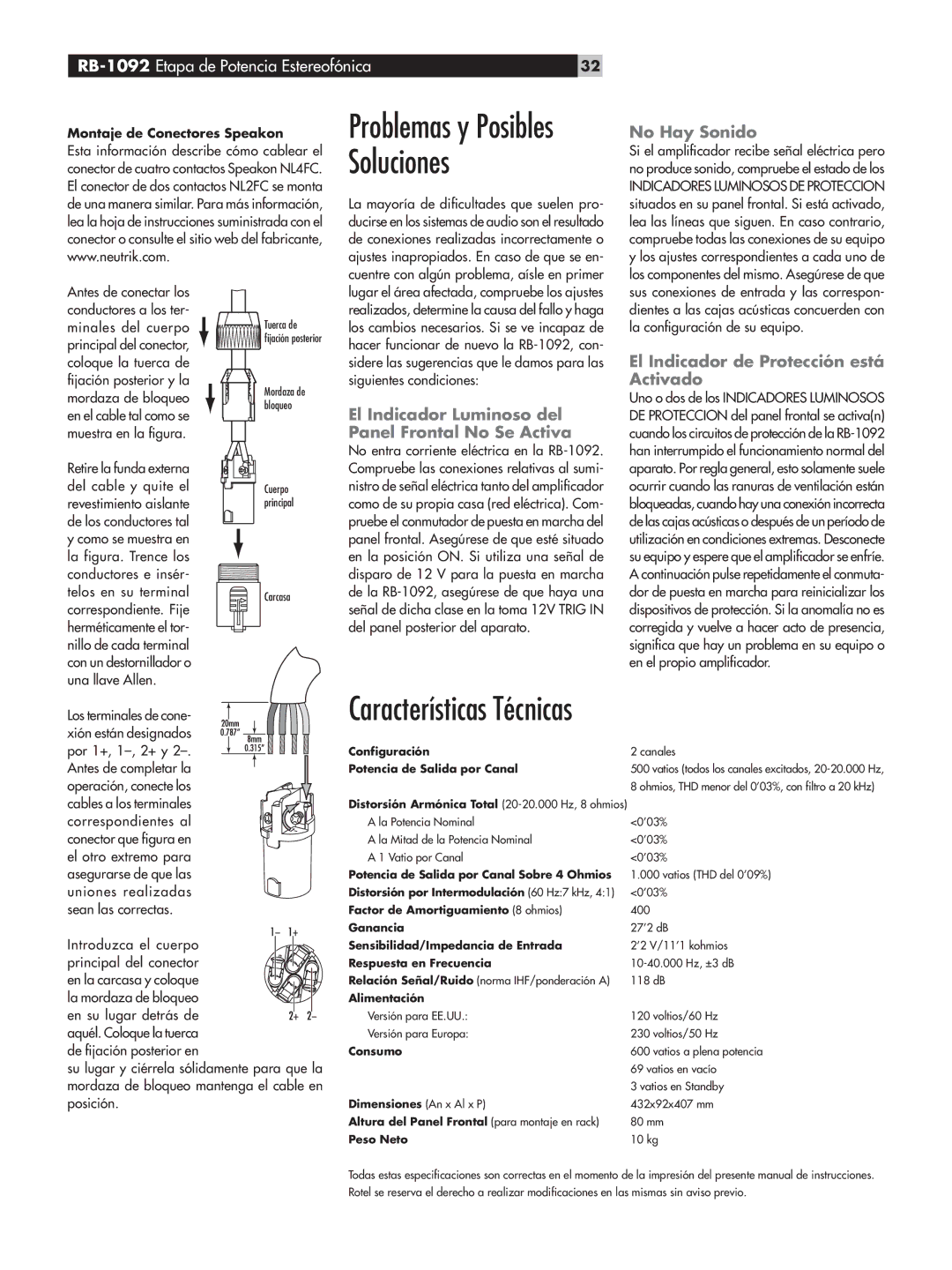 Rotel RB-1092 owner manual Características Técnicas, No Hay Sonido, El Indicador Luminoso del Panel Frontal No Se Activa 