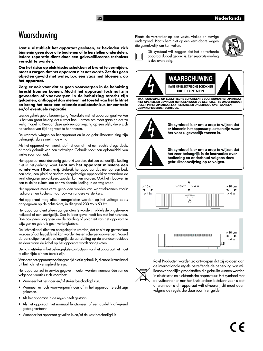 Rotel RB-1092 owner manual Waarschuwing, Nederlands 