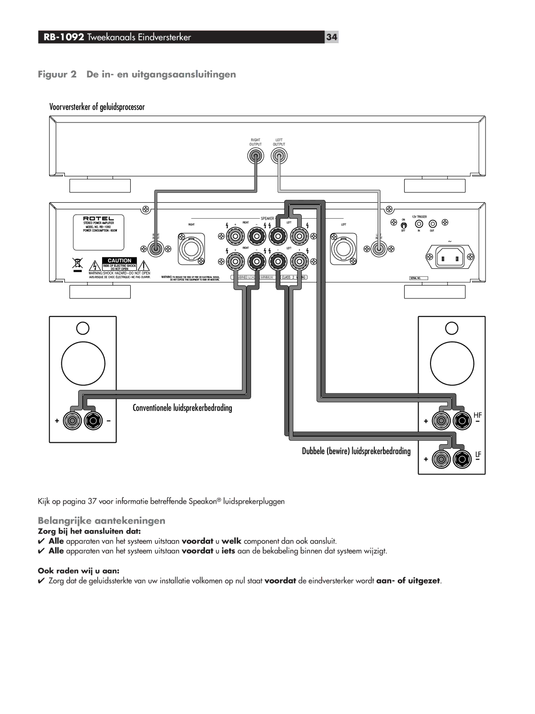 Rotel RB-1092 Tweekanaals Eindversterker, Figuur 2 De in- en uitgangsaansluitingen, Belangrijke aantekeningen 