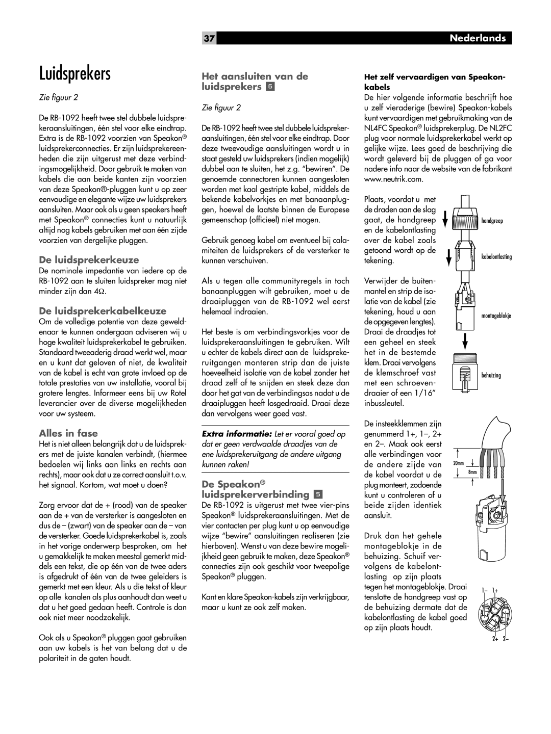 Rotel RB-1092 owner manual Luidsprekers 