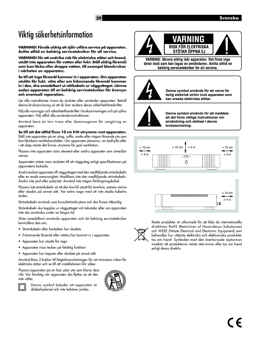 Rotel RB-1092 owner manual Viktig säkerhetsinformation, Svenska 