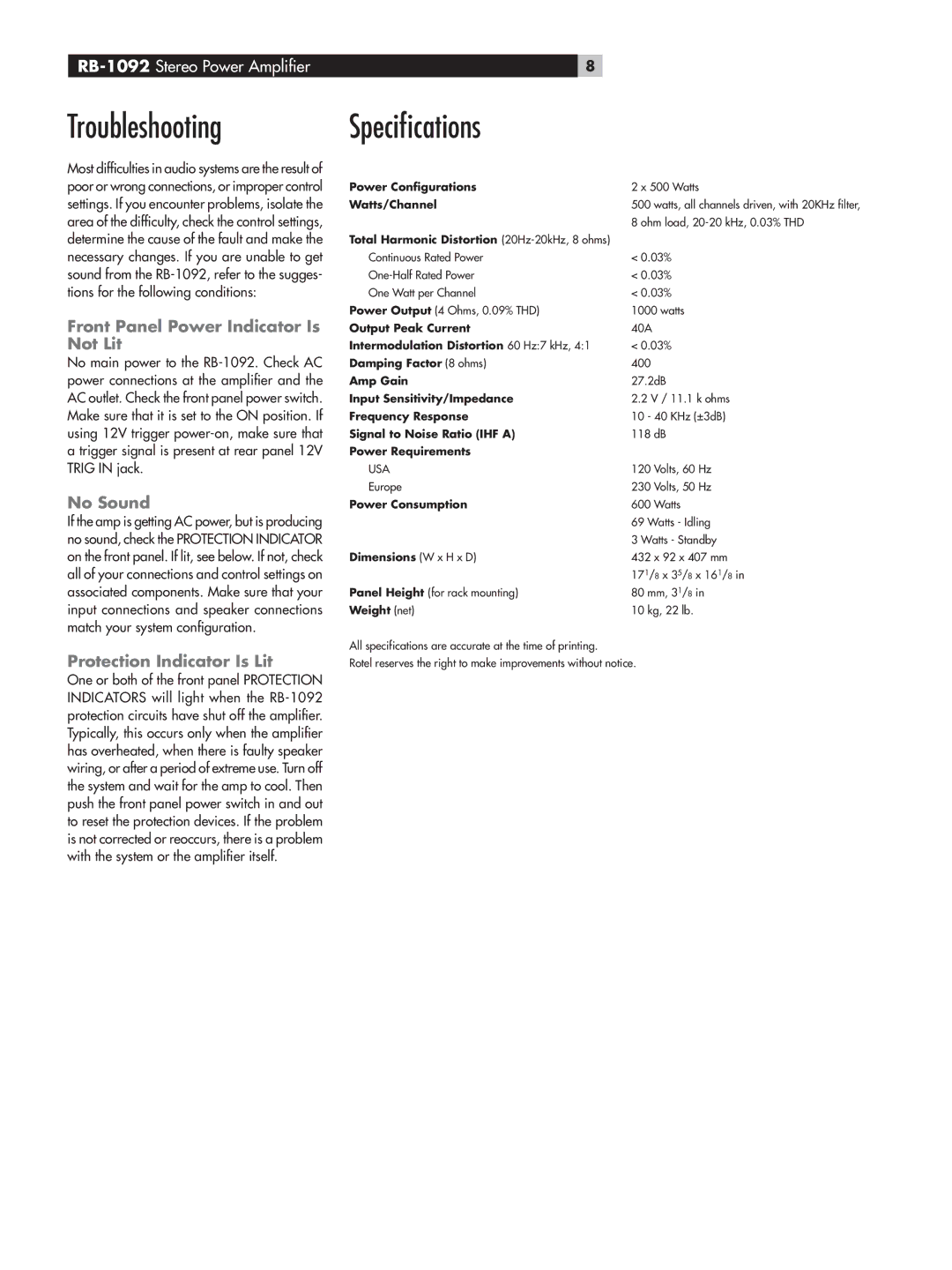 Rotel RB-1092 owner manual Troubleshooting Speciﬁcations, Front Panel Power Indicator Is, Not Lit, No Sound 