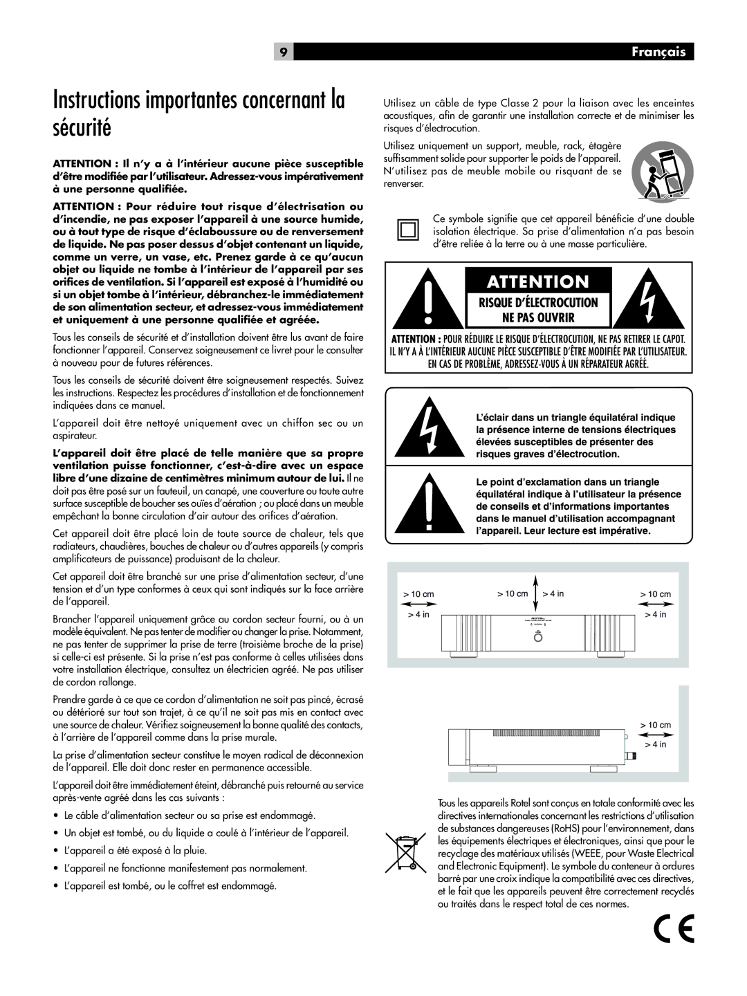 Rotel RB-1092 owner manual Instructions importantes concernant la sécurité, Français 