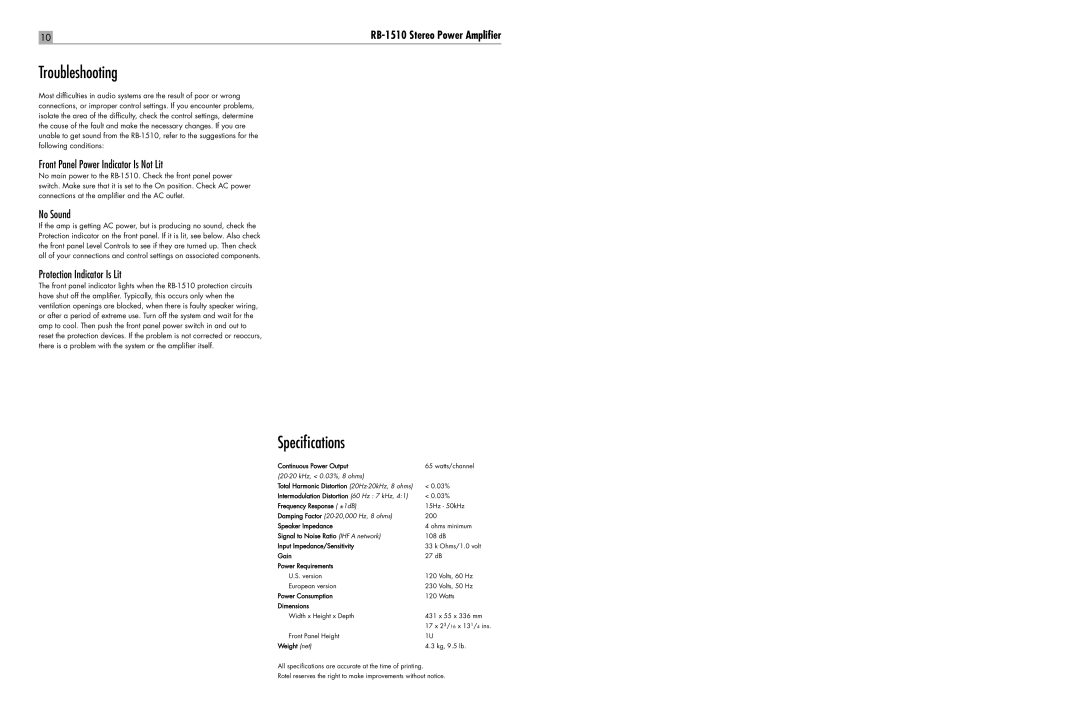 Rotel RB-1510 user service Troubleshooting, Speciﬁcations, Front Panel Power Indicator Is Not Lit, No Sound 