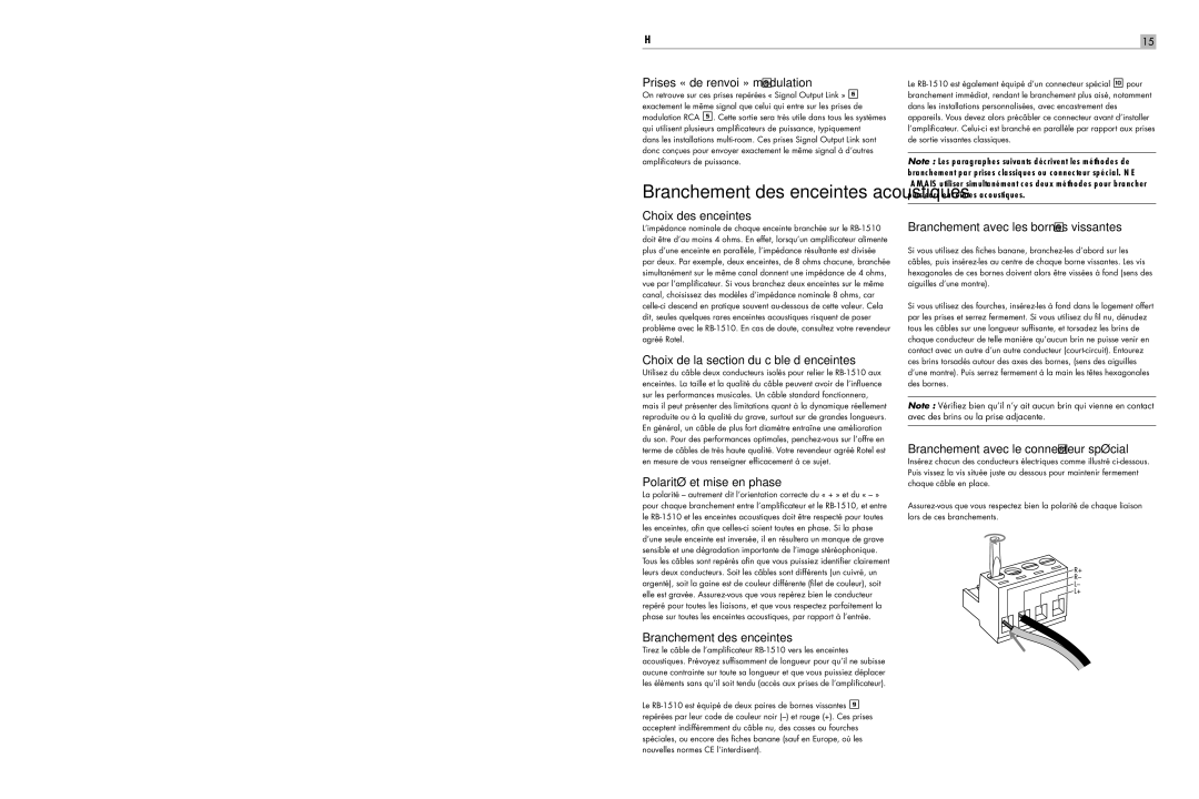 Rotel RB-1510 user service Prises « de renvoi » modulation, Choix des enceintes, Choix de la section du câble d’enceintes 