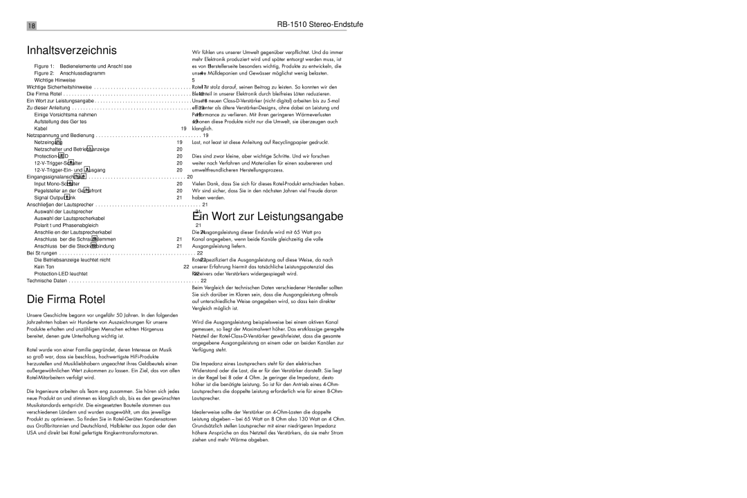 Rotel RB-1510 user service Inhaltsverzeichnis, Die Firma Rotel 