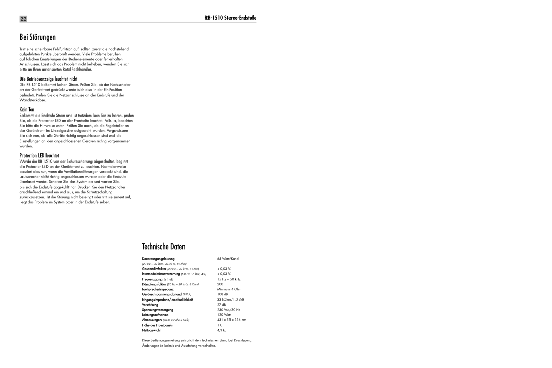 Rotel RB-1510 Bei Störungen, Technische Daten, Die Betriebsanzeige leuchtet nicht, Kein Ton, Protection-LED leuchtet 