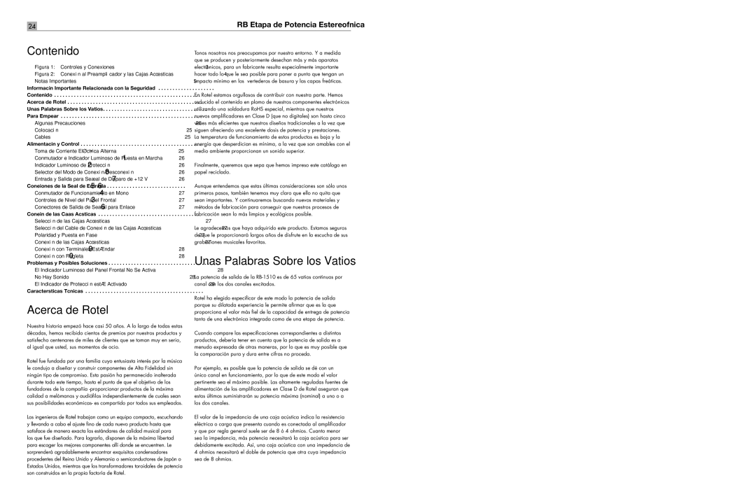 Rotel RB-1510 Contenido, Acerca de Rotel, Algunas Precauciones, Fabricación sean lo más limpios y ecológicos posible 