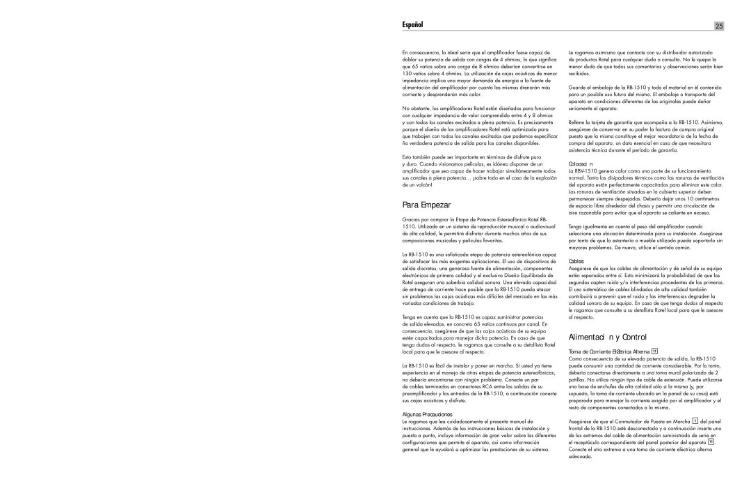 Rotel RB-1510 Para Empezar, Alimentación y Control, Algunas Precauciones, Colocación, Toma de Corriente Eléctrica Alterna 
