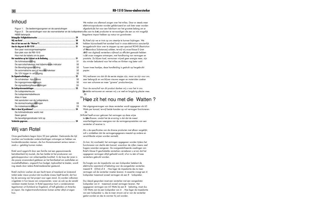 Rotel RB-1510 user service Inhoud, Wij van Rotel, De luidsprekerkeuze, De luidsprekerkabelkeuze Alles in fase 