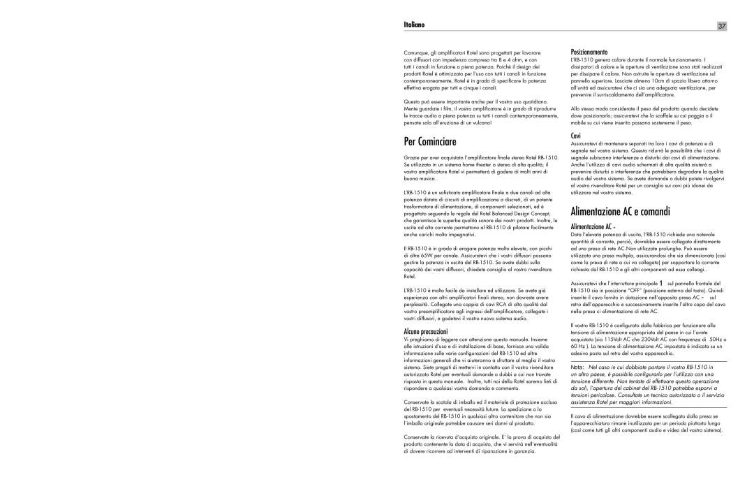 Rotel RB-1510 user service Per Cominciare, Alimentazione AC e comandi 