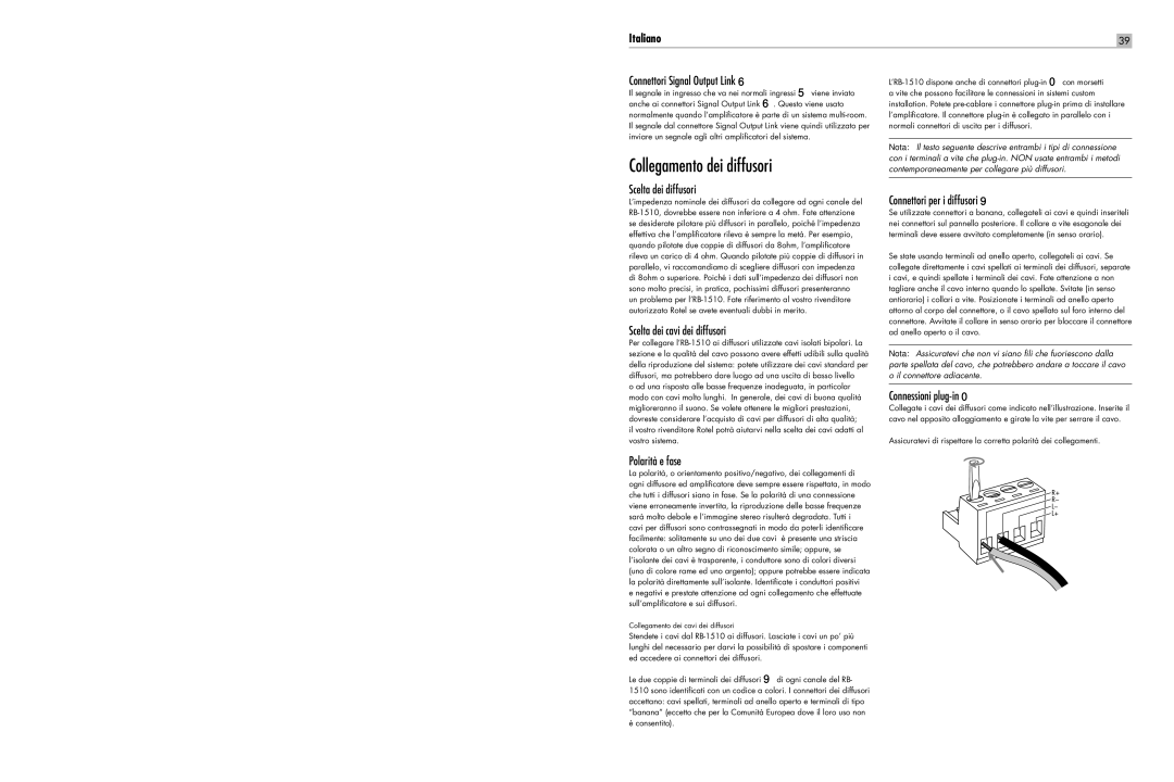 Rotel RB-1510 user service Collegamento dei diffusori 