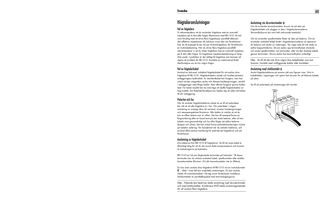 Rotel RB-1510 user service Högtalaranslutningar 