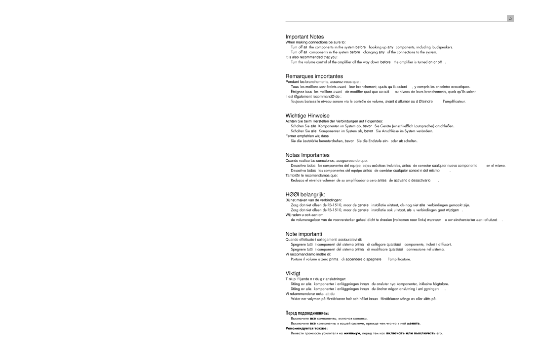 Rotel RB-1510 Important Notes, Remarques importantes, Wichtige Hinweise, Notas Importantes, Héél belangrijk, Viktigt 