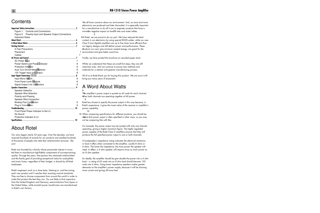 Rotel RB-1510 user service Contents, Word About Watts, About Rotel 