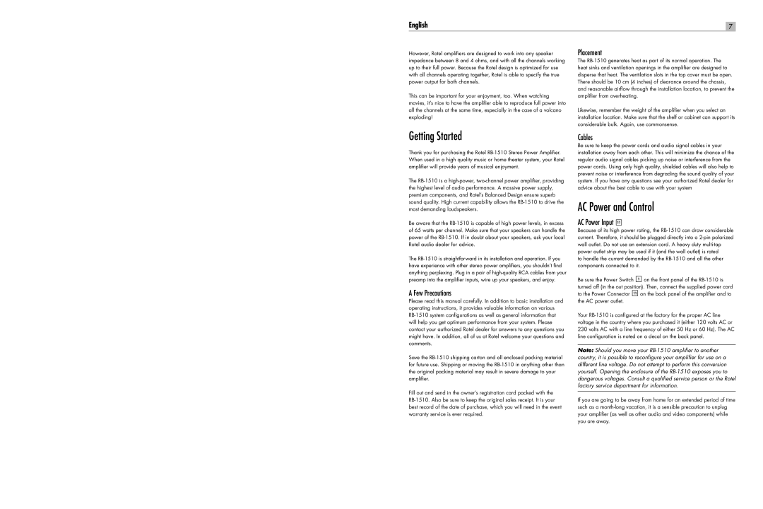 Rotel RB-1510 user service Getting Started, AC Power and Control 