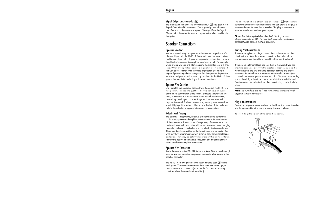 Rotel RB-1510 user service Speaker Connections 