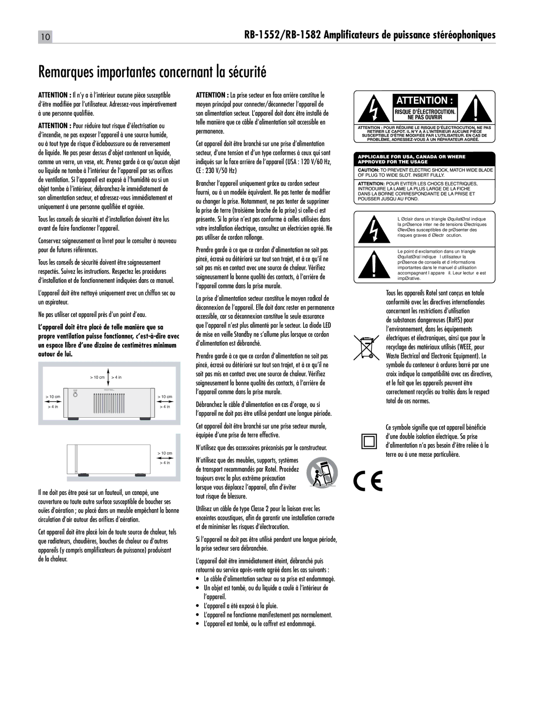 Rotel RB-1552, RB-1582 Remarques importantes concernant la sécurité, ’utilisez que des meubles, supports, systèmes 
