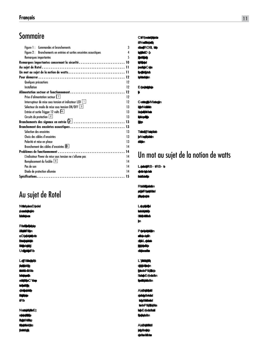 Rotel RB-1582, RB-1552 owner manual Sommaire, Au sujet de Rotel, Problèmes de fonctionnement, Spécifications 