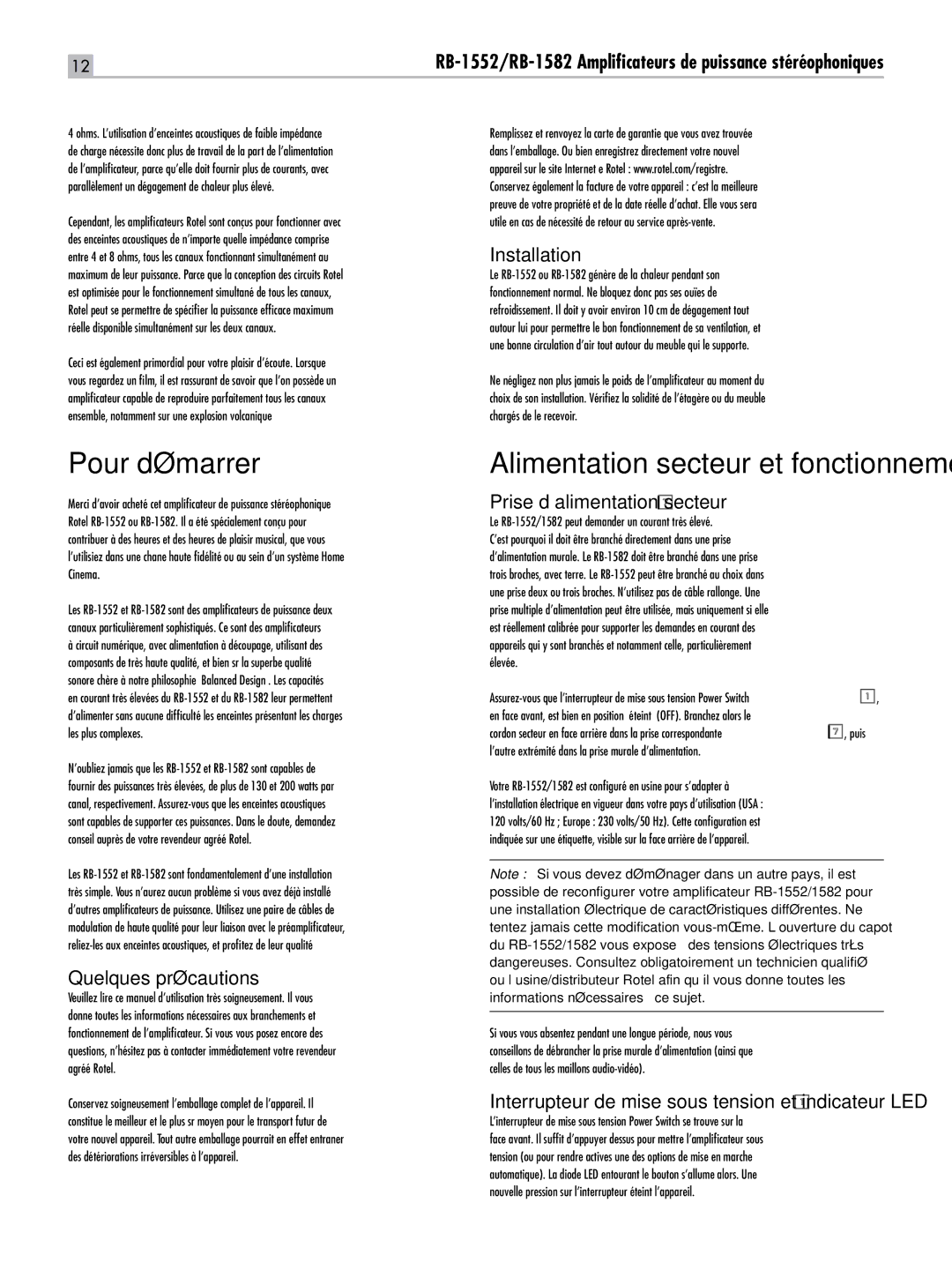 Rotel RB-1552, RB-1582 owner manual Pour démarrer, Alimentation secteur et fonctionnement 