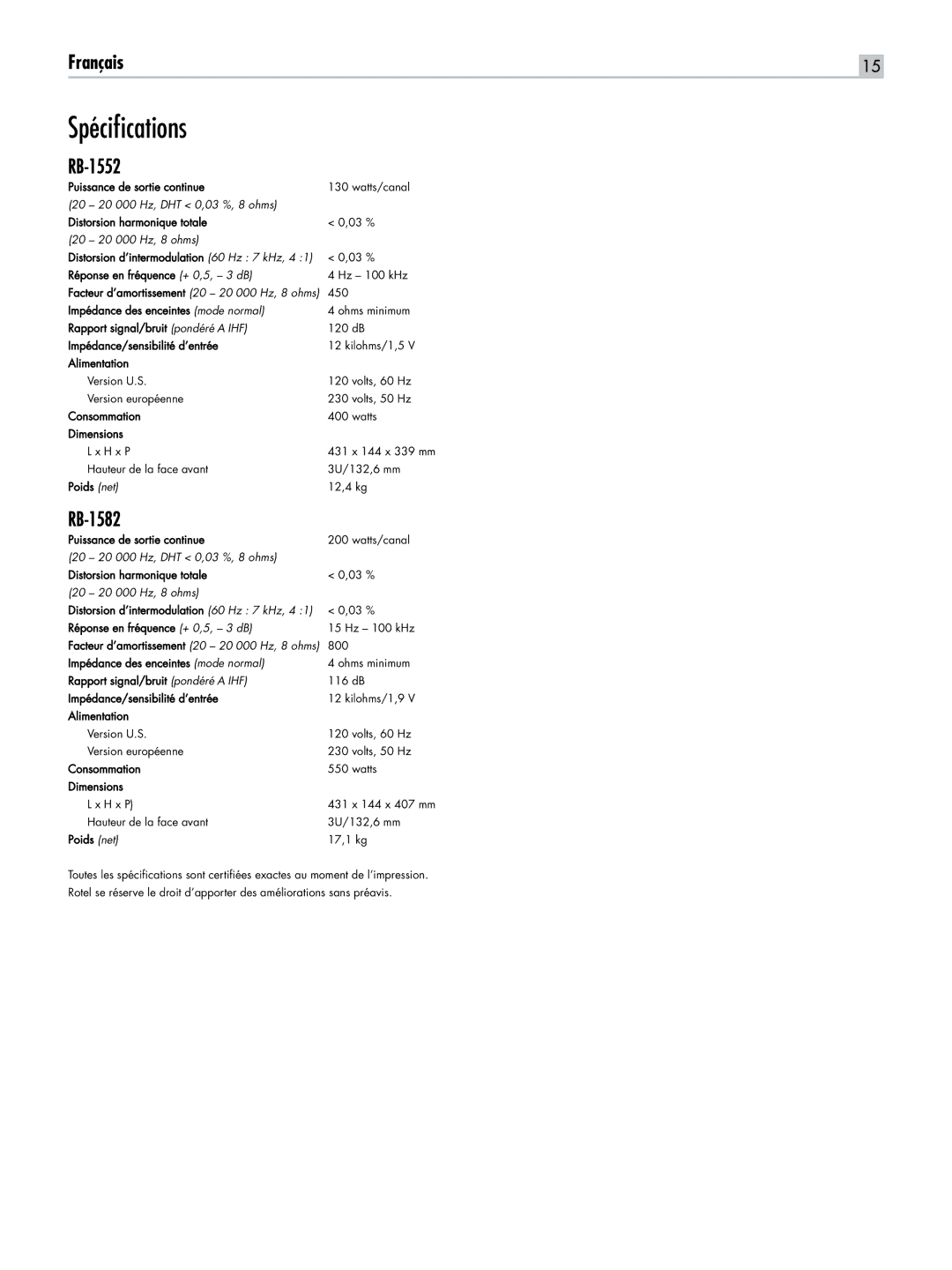 Rotel RB-1582, RB-1552 owner manual Spécifications, 20 20 000 Hz, DHT 0,03 %, 8 ohms, 20 20 000 Hz, 8 ohms 