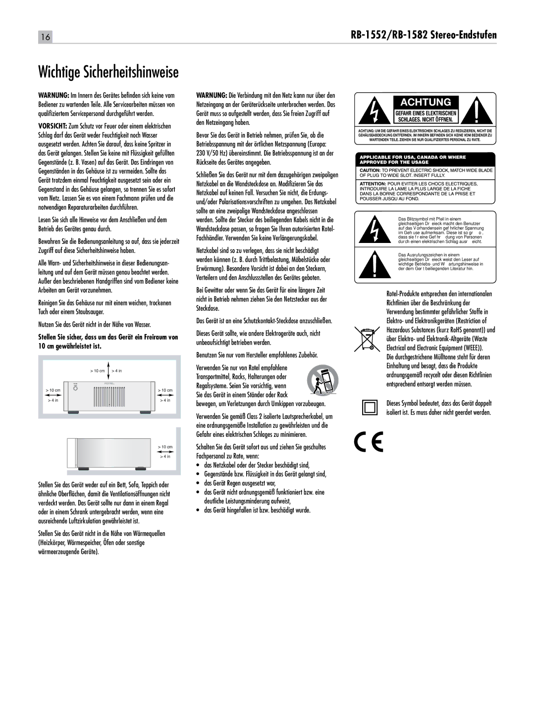 Rotel RB-1552, RB-1582 owner manual Achtung, Verwenden Sie nur von Rotel empfohlene, Das Gerät Regen ausgesetzt war 