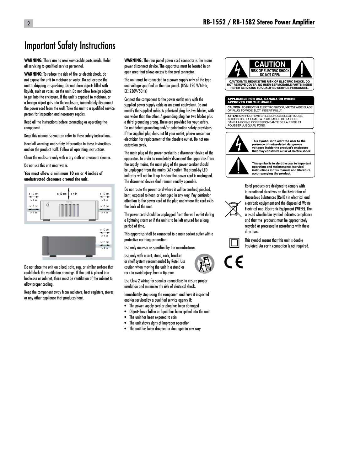 Rotel RB-1552, RB-1582 owner manual Important Safety Instructions, Power supply cord or plug has been damaged 